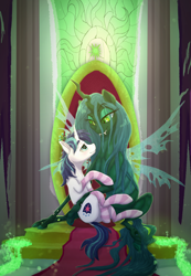 Size: 1000x1447 | Tagged: safe, artist:shaslan, derpibooru import, queen chrysalis, shining armor, changeling, changeling queen, pony, unicorn, bedroom eyes, clothes, duo, duo male and female, female, infidelity, looking at each other, looking at someone, male, shining chrysalis, shipping, socks, stallion, stockings, straight, striped socks, thigh highs, throne