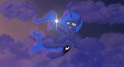 Size: 5747x3111 | Tagged: safe, artist:cattstaycool, derpibooru import, princess luna, cloud, flying, solo