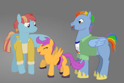 Size: 1280x859 | Tagged: safe, artist:finlet90, derpibooru import, bow hothoof, scootaloo, windy whistles, pegasus, pony, ^^, adopted, adopted offspring, ballerina, eyes closed, family, female, filly, foal, gray background, headcanon in the description, male, mare, scootadoption, scootalove, scootarina, simple background, stallion, trio, wholesome