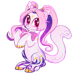 Size: 1040x1000 | Tagged: safe, artist:frowoppy, derpibooru import, oc, oc only, earth pony, pony, augmented, augmented tail, blush lines, blushing, body markings, cat tail, closed mouth, coat markings, colored hooves, facial markings, female, gradient mane, heart, hoof polish, leg wings, magenta eyes, mare, neck bow, pigtails, simple background, sitting, smiling, solo, sparkly mane, star (coat marking), starry eyes, tail, transparent background, wingding eyes