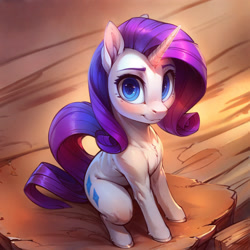 Size: 2176x2176 | Tagged: safe, ai content, derpibooru import, generator:easyfluff v11.2, machine learning generated, rarity, pony, unicorn, blushing, female, looking at you, looking up, looking up at you, mare, prompter:aiponyanon, sitting, smiling, smiling at you, solo