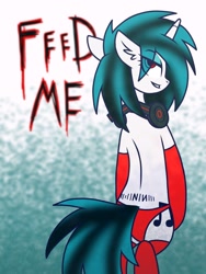 Size: 1200x1600 | Tagged: safe, artist:scarecrowkitty, derpibooru import, dj pon-3, vinyl scratch, pony, unicorn, abstract background, bipedal, clothes, eye clipping through hair, female, headphones, mare, nine inch nails, solo, tattoo