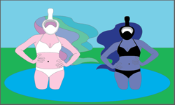 Size: 853x511 | Tagged: safe, artist:polorenzielephant, derpibooru import, princess celestia, princess luna, principal celestia, vice principal luna, equestria girls, bikini, clothes, faceless female, female, full face snorkel, illustrator, lake, offscreen character, snorkel, swimsuit, two-piece swimsuit, water