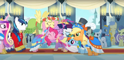 Size: 1279x625 | Tagged: safe, derpibooru import, screencap, applejack, fluttershy, pinkie pie, princess cadance, rainbow dash, rarity, shining armor, twilight sparkle, twilight sparkle (alicorn), alicorn, magical mystery cure, big crown thingy, clothes, coronation dress, crown, dress, element of magic, floral head wreath, flower, group hug, hat, hug, jewelry, mane six, regalia, tiara