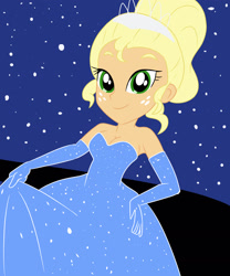 Size: 1280x1537 | Tagged: safe, artist:qsky, derpibooru import, applejack, human, equestria girls, alternate hairstyle, applejack also dresses in style, clothes, curtsey, dress, evening gloves, freckles, gloves, gown, long gloves, night, princess tiana, smiling, solo, starry sky, the princess and the frog, tiana