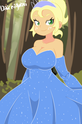 Size: 1262x1900 | Tagged: safe, artist:daichigatari, derpibooru import, applejack, human, equestria girls, applejack also dresses in style, applerack, breasts, clothes, dress, evening gloves, female, forest, gloves, gown, long gloves, princess tiana, smiling, solo, the princess and the frog, tiana