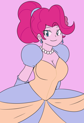 Size: 800x1172 | Tagged: safe, artist:strugetdraw, derpibooru import, pinkie pie, human, equestria girls, alternate hairstyle, breasts, cinderella, clothes, dress, ear piercing, earring, evening gloves, female, gloves, gown, jetlag productions, jewelry, long gloves, necklace, pearl necklace, piercing, pink background, pinkie pies, simple background, smiling, solo