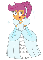Size: 1024x1397 | Tagged: safe, artist:rarity525, derpibooru import, scootaloo, human, equestria girls, alternate hairstyle, cinderella, clothes, dress, ear piercing, earring, evening gloves, female, gloves, gown, jewelry, long gloves, piercing, simple background, solo, sparkles, surprised, transparent background