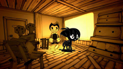 Size: 1191x671 | Tagged: safe, edit, editor:undeadponysoldier, featherweight, pegasus, pony, bendy and the ink machine, bendy the demon, bucktooth, cardboard cutout, colt, confused, crossover, cutout, foal, grin, ink, joey drew studios, male, projector, projector screen, smiling, solo, video game