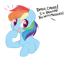Size: 690x619 | Tagged: safe, artist:higglytownhero, derpibooru import, rainbow dash, pegasus, pony, blushing, bust, dialogue, female, looking offscreen, mare, no context, offscreen character, open mouth, raised hoof, raised leg, simple background, smiling, solo, white background, wingless