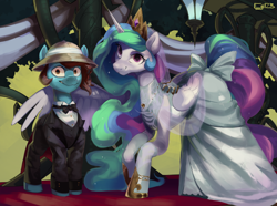 Size: 4200x3120 | Tagged: safe, artist:egil, derpibooru import, princess celestia, oc, oc:jungle trek, alicorn, earth pony, pony, canon x oc, clothes, dress, marriage, shipping, tuxedo, wedding dress