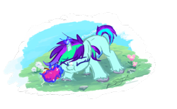 Size: 2581x1589 | Tagged: safe, artist:slightningdash, derpibooru import, oc, oc:ultra violet, pony, unicorn, apple, background, eyes closed, female, filly, flower, foal, food, herbivore, levitation, magic, nose wrinkle, rock, scrunchy face, sparkles, squint, telekinesis