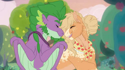 Size: 800x447 | Tagged: safe, artist:fidgetcubepony, derpibooru import, applejack, spike, dragon, earth pony, pony, adult, adult spike, applespike, clothes, female, granny smith's shawl, male, mare, needs more jpeg, nuzzling, older, older spike, scarf, screencap background, shipping, straight, winged spike, wings