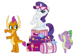 Size: 800x576 | Tagged: safe, artist:jaye, derpibooru import, edit, screencap, rarity, smolder, spike, dragon, unicorn, alternate universe, assistant, bisexuality, luggage, polyamory, simple background, transparent background, winged spike, wings