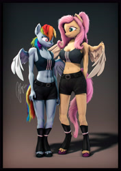 Size: 4000x5656 | Tagged: safe, artist:imafutureguitarhero, derpibooru import, fluttershy, rainbow dash, anthro, pegasus, unguligrade anthro, abs, absurd resolution, adidas, arm fluff, belly button, belt, boots, border, bra, breast envy, breast size difference, breasts, cheek fluff, chest fluff, chin fluff, chromatic aberration, cleavage, cleavage fluff, clothes, colored eyebrows, colored eyelashes, colored wings, crop top bra, cute, cute little fangs, delicious flat chest, duo, ear fluff, ear freckles, ears, elbow fluff, fangs, female, film grain, fluffy, fluffy hair, fluffy mane, fluffy tail, flutterdash, freckles, freckleshy, fur, hands behind back, height difference, hoof fluff, leather, leather boots, leg fluff, leg freckles, lesbian, long hair, long mane, long tail, mare, medium support, meme, midriff, multicolored hair, multicolored mane, multicolored tail, neck fluff, nose wrinkle, open mouth, pants, partially open wings, ponytail, rainbow flat, revamped anthros, revamped ponies, shadow, shipping, shoes, shorts, shoulder fluff, shoulder freckles, shyabetes, signature, small breasts, smiling, sports bra, tail, two toned wings, underwear, unshorn fetlocks, vertical, wall of tags, wing fluff, wings
