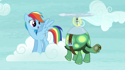 Size: 1280x720 | Tagged: safe, derpibooru import, screencap, rainbow dash, tank, pony, tortoise, cloud, duo, episode needed