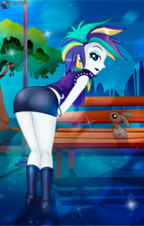 Size: 787x1231 | Tagged: safe, artist:charliexe, derpibooru import, rarity, human, rabbit, equestria girls, alternate hairstyle, animal, ass, bench, black lipstick, breasts, butt, female, lipstick, looking at you, looking back, looking back at you, punk, raripunk, raritits, solo, tree