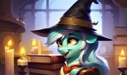 Size: 1080x640 | Tagged: safe, ai content, derpibooru import, generator:pony diffusion v5, machine learning generated, lyra heartstrings, book, candle, clothes, happy, harry potter (series), hat, hogwarts, indoors, moonlight, night, prompter:lateempire, robes, wizard hat