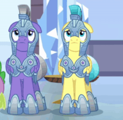 Size: 447x435 | Tagged: safe, derpibooru import, screencap, spike, crystal pony, dragon, pony, the times they are a changeling, amethyst stone, animated, armor, cropped, crystal guard, crystal guard armor, duo focus, ears, floppy ears, male, nope, stallion