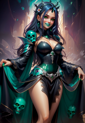 Size: 2847x4095 | Tagged: safe, ai content, artist:denton13, derpibooru import, machine learning assisted, queen chrysalis, human, breasts, female, high res, humanized, queen chrysaltits, skull, solo