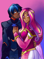 Size: 1536x2048 | Tagged: safe, artist:artsbysmarty, derpibooru import, princess cadance, shining armor, human, clothes, cosplay, costume, duo, female, gradient background, humanized, male, moderate dark skin, shiningcadance, shipping, straight, tan skin