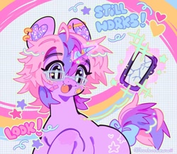 Size: 1080x942 | Tagged: safe, artist:bunbunbewwii, derpibooru import, oc, oc only, pony, unicorn, bandaid, bow, glasses, horn, magic, phone, solo, tail, tail bow, telekinesis, unicorn oc, unnamed oc