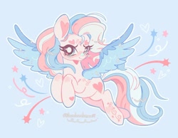 Size: 1080x839 | Tagged: safe, artist:bunbunbewwii, derpibooru import, star catcher, pegasus, pony, g3, bandaid, bandaid on nose, blue background, blue eyes, blushing, colored wings, female, flying, head turn, heart, heart eyebrows, light blue background, looking at you, mare, pride, pride flag, shaped eyebrows, simple background, smiling, solo, sparkly wings, spread wings, stars, transgender pride flag, wings