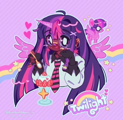Size: 1080x1050 | Tagged: safe, artist:bunbunbewwii, derpibooru import, twilight sparkle, twilight sparkle (alicorn), alicorn, human, pony, :p, bandaid, bandaid on nose, dark skin, ear piercing, earring, food, heart, heart eyes, horn, horned humanization, humanized, ice cream, jewelry, looking at you, necktie, nonbinary, nonbinary pride flag, piercing, pride, pride flag, tongue, tongue out, wingding eyes, winged humanization, wings