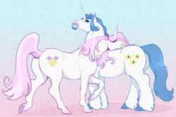 Size: 3300x2200 | Tagged: safe, artist:huskii-s, derpibooru import, fancypants, fleur-de-lis, pony, unicorn, butt, colored hooves, facial hair, fancyfleur, female, goatee, gradient background, hoers, male, mare, plot, realistic anatomy, realistic horse legs, shipping, stallion, straight, unshorn fetlocks