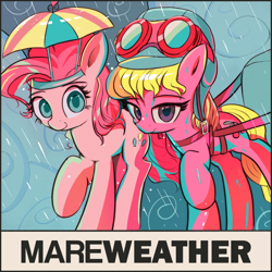 Size: 2048x2048 | Tagged: safe, artist:vultraz, derpibooru import, cherry berry, pinkie pie, earth pony, pony, album cover, aviator goggles, aviator hat, female, goggles, hat, looking at you, mare, rain, text, umbrella hat