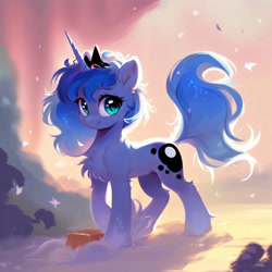 Size: 768x768 | Tagged: safe, ai content, derpibooru import, generator:purplesmart.ai, generator:stable diffusion, machine learning generated, princess luna, pony, unicorn, chest fluff, cute, diadem, female, full body, jewelry, lunabetes, mare, messy mane, messy tail, outdoors, prompter:nightluna, race swap, regalia, smiling, solo, standing, tail, unicorn luna, wingless, wrong cutie mark