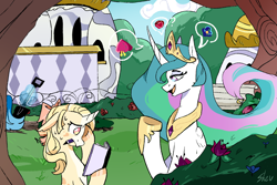 Size: 1500x1000 | Tagged: safe, artist:harusocoma, derpibooru import, princess celestia, oc, butterfly, pony, unicorn, female, mare