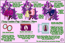 Size: 6000x4000 | Tagged: safe, artist:dice-warwick, derpibooru import, oc, oc:fizzy fusion pop, pony, unicorn, fallout equestria, beauty mark, clothes, coloboma, cooler, dress, drink, drinking glass, female, freckles, glass, glasses, heart, heart eyes, implied infidelity, jumpsuit, long mane, long tail, mare, messy mane, mug, reference sheet, soda, solo, tail, wingding eyes
