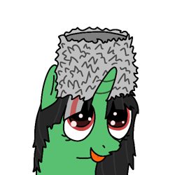 Size: 500x500 | Tagged: safe, artist:hach, derpibooru import, oc, oc only, oc:terek flow, pony, unicorn, bust, chechen republic of ichkeria, chechnya, female, hat, looking up, mare, nation ponies, papakha, ponified, portrait, simple background, solo, species swap, tongue, tongue out, white background