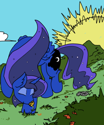 Size: 2094x2516 | Tagged: safe, artist:ponny, derpibooru import, princess luna, alicorn, colored, eyes closed, flower, nature, smelling, sniffing, solo