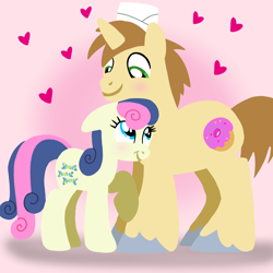Size: 1400x1400 | Tagged: safe, artist:mlplary6, derpibooru import, bon bon, donut joe, sweetie drops, earth pony, pony, unicorn, blushing, bonjoe, boyfriend and girlfriend, female, hat, heart, looking at each other, looking at someone, love, male, mare, shipping, smiling, smiling at each other, stallion, straight