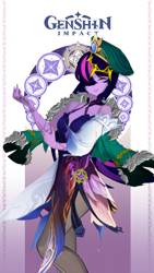 Size: 780x1386 | Tagged: safe, artist:decokenite, derpibooru import, edit, twilight sparkle, human, bangs, bracelet, card, clothes, coat, crown, dress, electro, eyes closed, female, fur coat, genshin impact, hat, humanized, jacket, jewelry, one eye covered, photo, regalia, ring, smiling, solo, stocking feet, vision