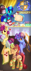 Size: 4724x10630 | Tagged: safe, artist:appleneedle, derpibooru import, oc, oc:windows, earth pony, pony, unicorn, blanket, body pillow, clothes, digital art, magic, market, pillow, prints, selling, shop, shopping, socks, stall, stockings, striped socks, thigh highs