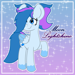 Size: 2064x2064 | Tagged: safe, artist:yoshter7, derpibooru import, oc, oc only, oc:moon lightshine, pegasus, pony, abstract background, big ears, blue eyes, blue mane, blue pony, colored, colored wings, ears, folded wings, frame, gradient background, heart, heart eyes, lunar tails, outline, pegasus oc, raised hoof, raised leg, signature, smiling, sparkles, two toned wings, unshorn fetlocks, white outline, wingding eyes, wings