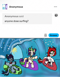 Size: 1161x1483 | Tagged: safe, artist:ask-luciavampire, derpibooru import, oc, earth pony, pony, unicorn, ask, surfing, tumblr