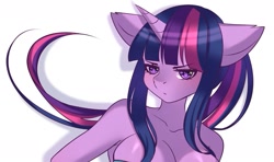 Size: 1273x753 | Tagged: safe, artist:renari, derpibooru import, twilight sparkle, unicorn twilight, anthro, unicorn, angry, breasts, female, looking at you, simple background, solo, white background