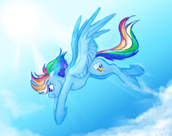 Size: 1280x1013 | Tagged: safe, artist:tres-art, derpibooru import, rainbow dash, pegasus, pony, cloud, concave belly, female, flying, mare, signature, sky, smiling, smirk, solo, sun, windswept mane