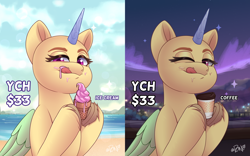 Size: 4800x3000 | Tagged: safe, artist:rivin177, derpibooru import, alicorn, pegasus, pony, unicorn, beach, cloud, coffee cup, commission, cup, fence, food, hill, hooves, horizon, horn, ice cream, looking at you, night, one eye closed, raised hoof, raised leg, sand, scenery, sparkles, sunny day, tongue, tongue out, wings, wink, your character here