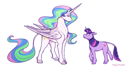 Size: 1024x539 | Tagged: safe, artist:t0byinthesky, derpibooru import, princess celestia, twilight sparkle, unicorn twilight, alicorn, pony, unicorn, duo, ears, female, first meeting, floppy ears, leonine tail, looking at each other, looking at someone, mare, nervous, signature, simple background, tail, transparent background