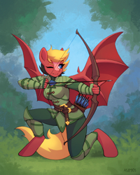 Size: 2800x3500 | Tagged: safe, artist:asimos, derpibooru import, oc, oc only, oc:sly sunder, anthro, bat pony, unguligrade anthro, aiming, anthro oc, archer, armor, arrows, bat pony oc, bat wings, bow (weapon), bow and arrow, clothes, fangs, fantasy, female, fingerless gloves, forest, gloves, kneeling, mare, one eye closed, outdoors, quiver, solo, spread wings, wings