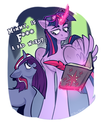 Size: 2580x3084 | Tagged: safe, artist:djkaskan, derpibooru import, twilight sparkle, twilight sparkle (alicorn), oc, alicorn, pony, unicorn, book, censored, censored vulgarity, dawn somewhere, female, filly, foal, next generation, quill