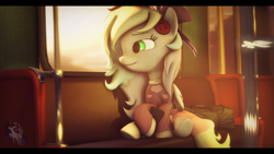 Size: 1920x1080 | Tagged: safe, artist:dashamoone, derpibooru import, oc, oc only, oc:blazey sketch, pegasus, 3d, 3d model, bow, clothes, green eyes, grey fur, hair bow, headphones, listening to music, looking out the window, multicolored hair, music, peaceful, pegasus oc, sitting, smiling, solo, source filmmaker, sweater, train