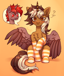 Size: 2688x3187 | Tagged: safe, artist:konejo, derpibooru import, oc, oc only, oc:hardy, oc:wrench ironbolt, alicorn, pony, unicorn, :p, blushing, chest fluff, clothes, duo, ear fluff, ears, male, sitting, socks, spread wings, stallion, striped socks, tongue, tongue out, wings