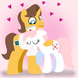 Size: 1400x1400 | Tagged: safe, artist:mlplary6, derpibooru import, doctor horse, doctor stable, nurse redheart, earth pony, pony, unicorn, boyfriend and girlfriend, clothes, eyes closed, female, hat, heart, love, male, mare, nurse hat, shipping, smiling, stableheart, stallion, straight