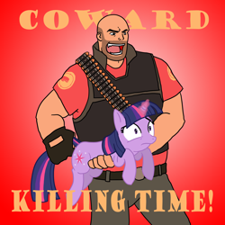 Size: 2000x2000 | Tagged: safe, artist:jinglesrasco, derpibooru import, twilight sparkle, unicorn twilight, human, pony, unicorn, behaving like a weapon, crossover, duo, female, glowing, glowing horn, heavy weapons guy, high res, holding a pony, horn, human and pony, magic blast, male, mare, tail, tail pull, team fortress 2, text, twigun, weapon